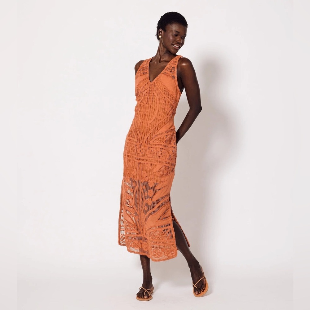 Cleobella Shelby Crochet Midi Dress Xl Coral Orange Sheer Boho No Lining